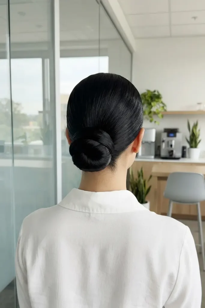 Low sleek wrap bun on straight hair with a glass-smooth, glossy finish and tight polished twist