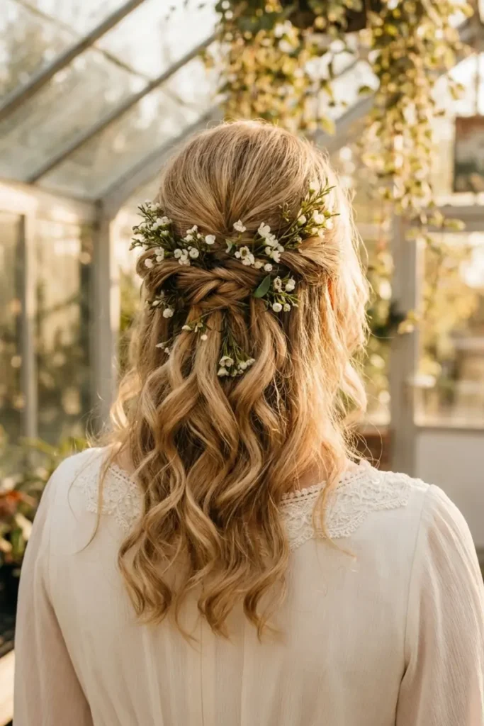 Bridal half-up hairstyle with fresh baby's breath and wax flowers woven into a braided top section, no hardware visible