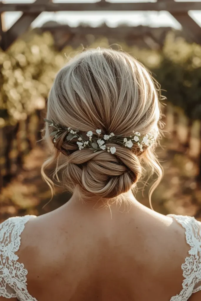 Bridal bun hairstyle with small white flowers woven directly into the gaps between twisted coils, no visible hardware