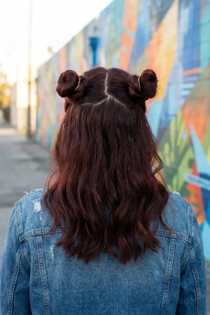 Half-up space buns hairstyle with two symmetric buns divided by a center part, loose wavy hair below