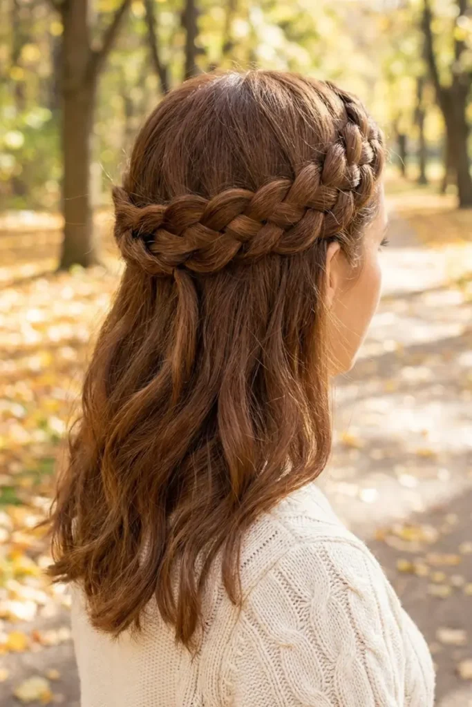Crown braid wrap half-up hairstyle with braid encircling the crown, tucked end with no visible hardware, loose waves below
