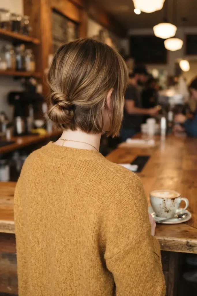 Twist-tuck bun on short bob-length hair with a compact knot and visible short blunt-cut ends