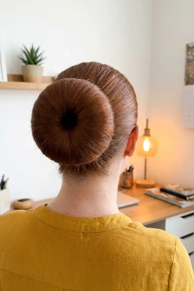Sock or donut bun hairstyle with hair spread evenly around a foam form for a perfectly uniform round shape