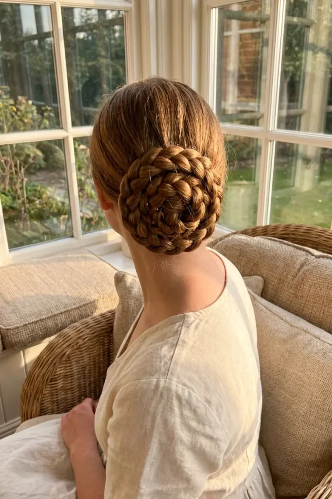 Braided spiral bun hairstyle with braid texture visible throughout the coiled bun shape
