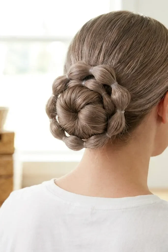 Bubble bun hairstyle with segmented elastics and bubble texture fully coiled into a round bun, no hanging tail