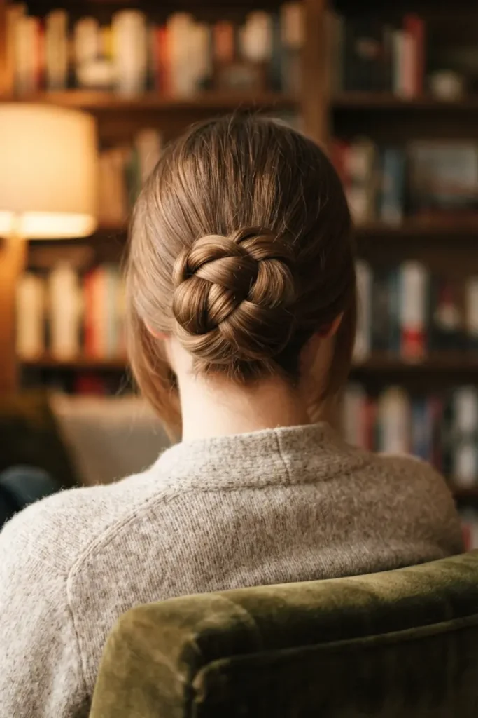 Figure-eight wrap bun hairstyle with two sections crossing in an interlocking loop pattern, fully tucked with no loose ends