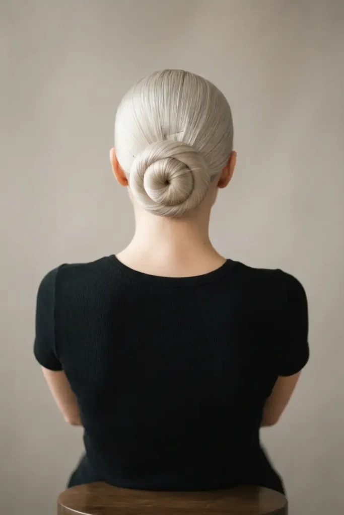 Pancake wrap bun hairstyle with hair coiled flat like a ribbon, the flattest lowest-profile bun shape
