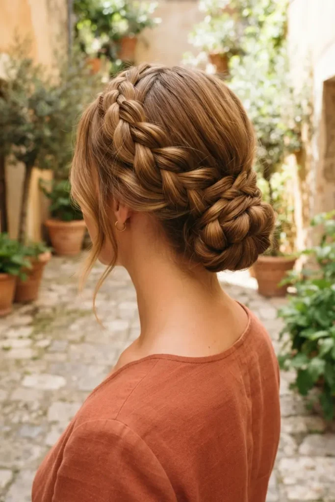 Crown-wrap braid flowing continuously into a low bun, one uninterrupted braided hairstyle