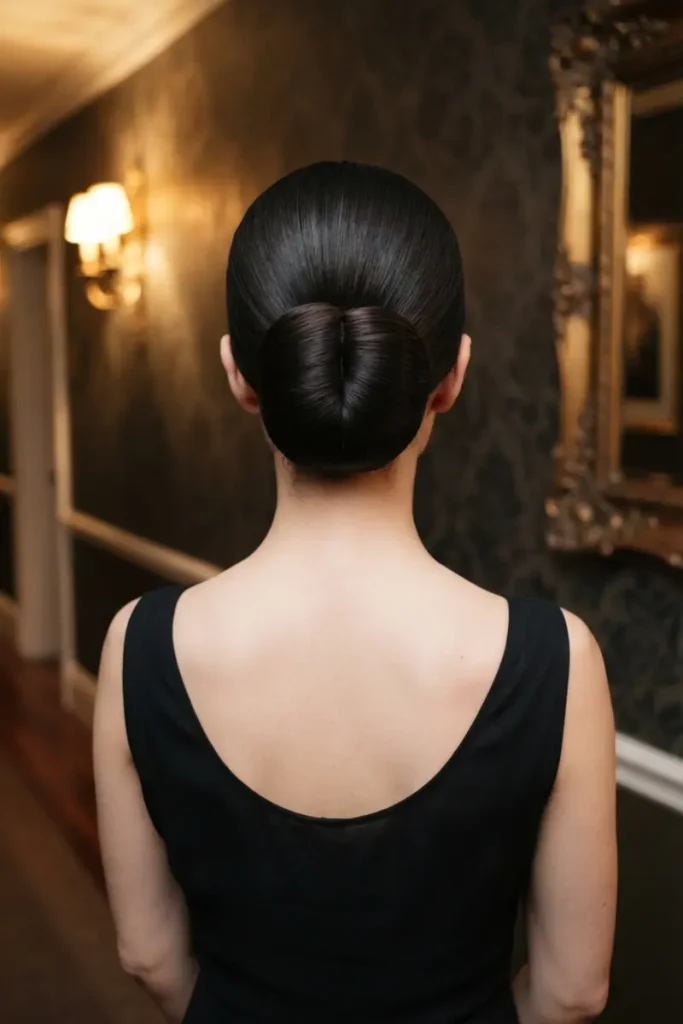 Chignon fold bun hairstyle with hair folded and tucked, showing a flat vertical seam instead of a spiral
