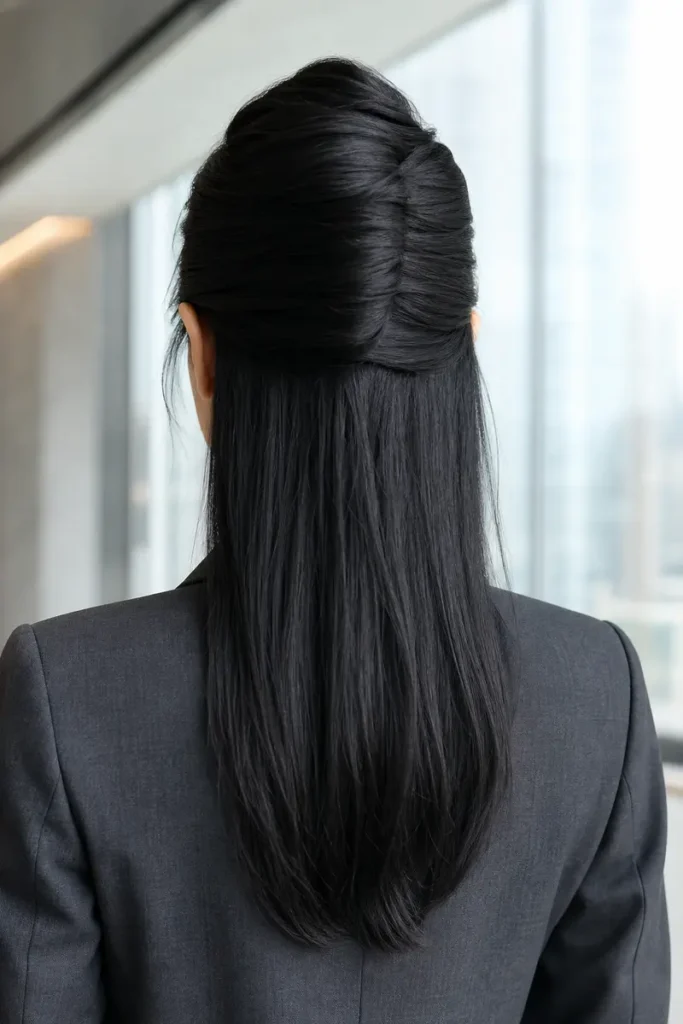 Half-up French twist with vertical twist pinned flat against the scalp, loose straight hair below
