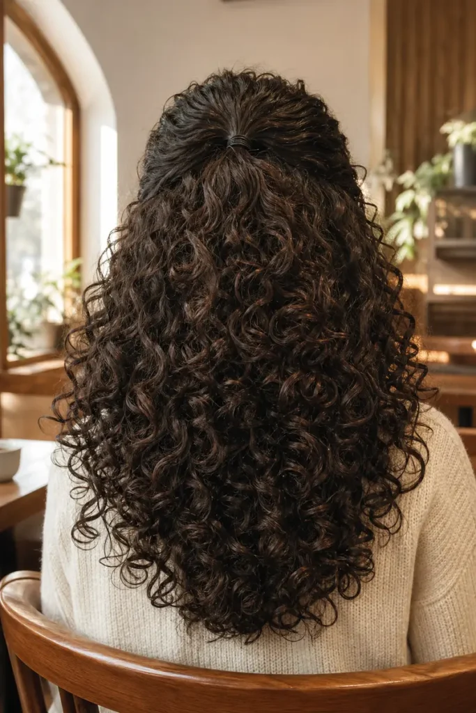 Half-up hairstyle for curly hair with plain elastic securing top section, natural ringlets and curl definition throughout