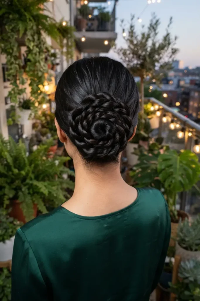 Two-strand criss-cross bun hairstyle with two twisted strands crossing repeatedly in a woven spiral pattern