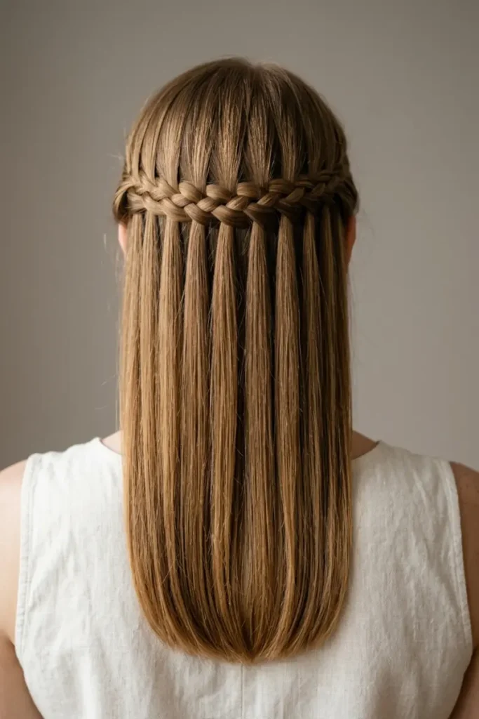 Horizontal waterfall braid with an even curtain of dropped strands