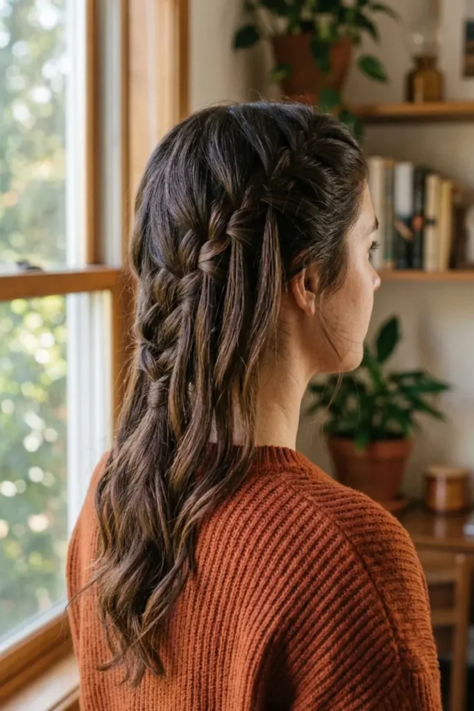 Diagonal waterfall braid with strands dropping at a slant from temple to nape
