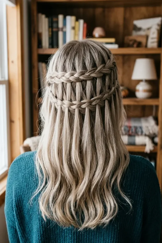 Two parallel waterfall braid rows creating a layered double cascade