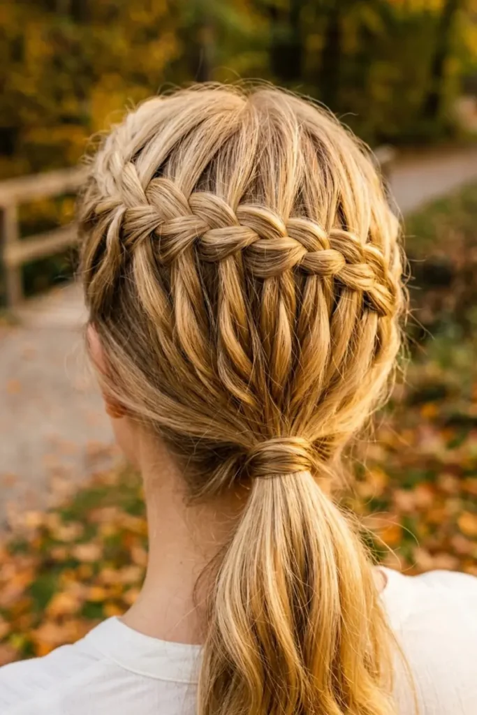 Waterfall braid across the crown gathered into a low ponytail