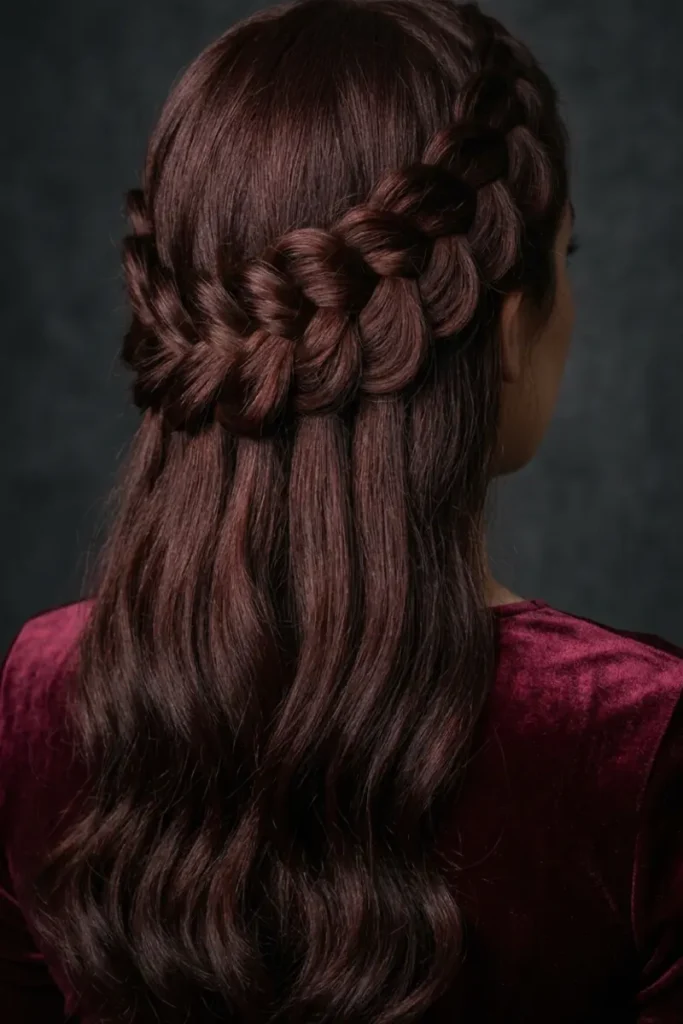 Pancaked waterfall braid pulled wide for a dramatic voluminous texture