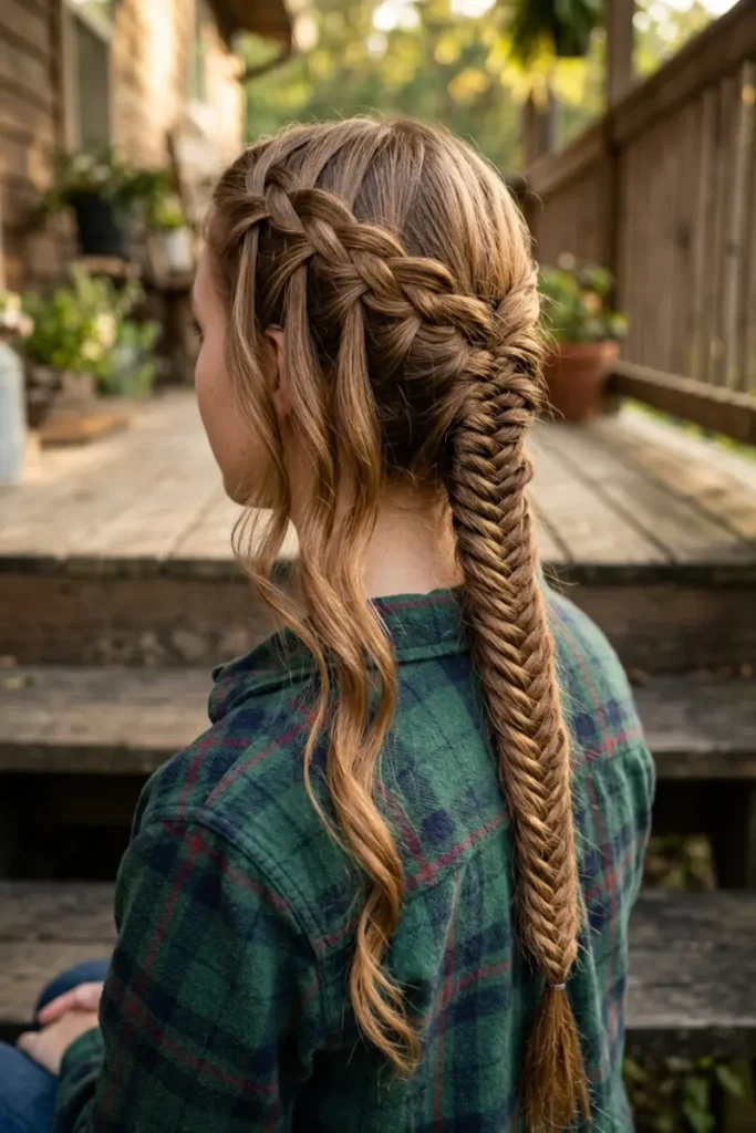 Waterfall braid transitioning into a fishtail braid texture