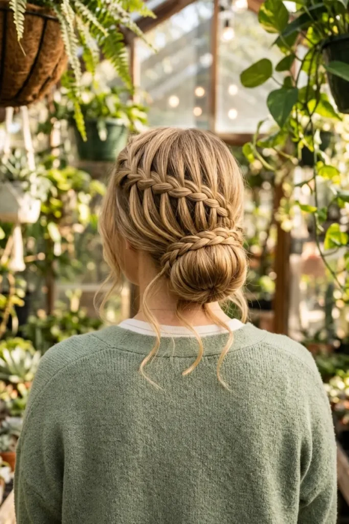 Waterfall braid tail wrapped around the base of a low bun