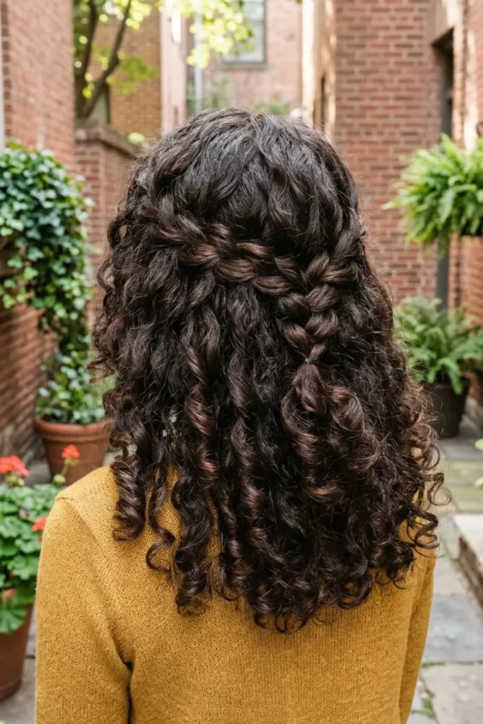 Loose waterfall braid worked into well-defined natural curls