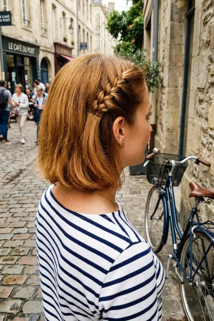 Compact waterfall braid on jaw-length short hair