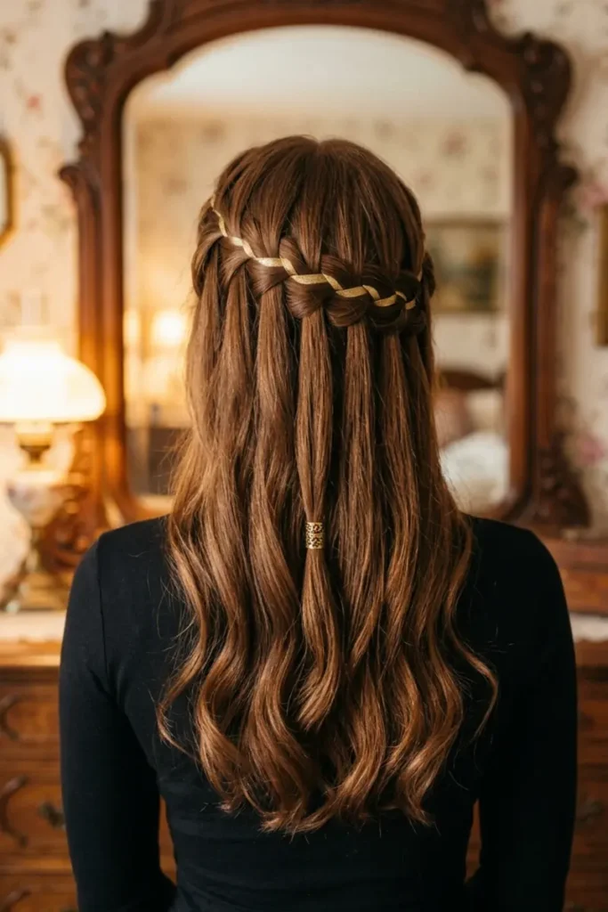 Waterfall braid with gold ribbon woven through the strands and a metal cuff