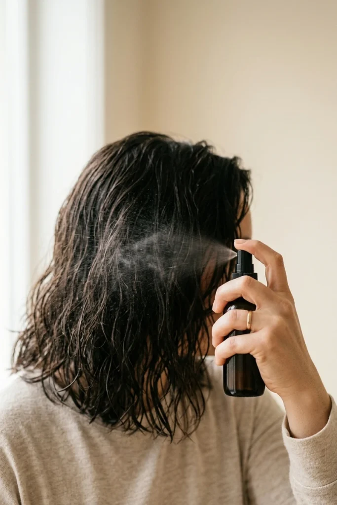 Applying heat protectant spray to damp, towel-dried hair before styling