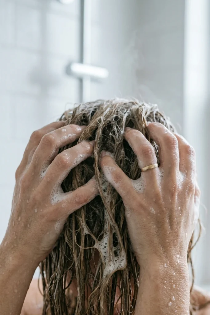 Close-up of hands massaging shampoo lather into the scalp and roots while washing hair in the shower