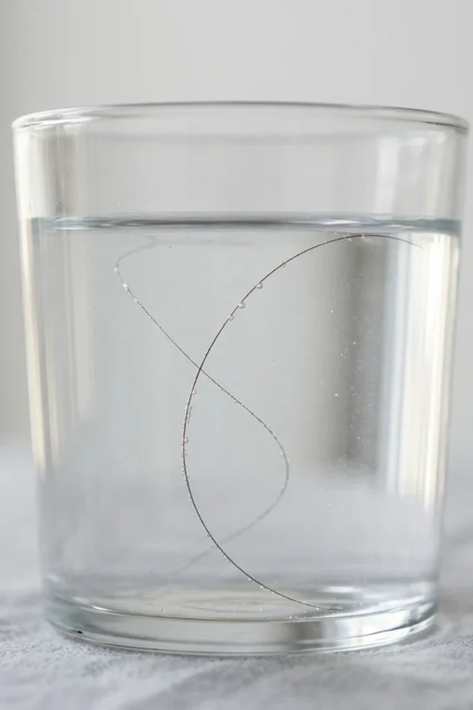 Single hair strand suspended in water glass demonstrating porosity test
