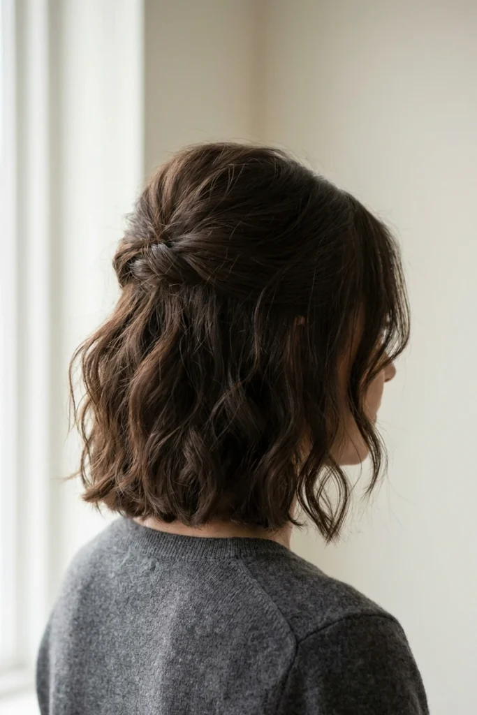 Backcombed half-updo on wavy bob-length hair, top section twisted up for volume with the rest left loose