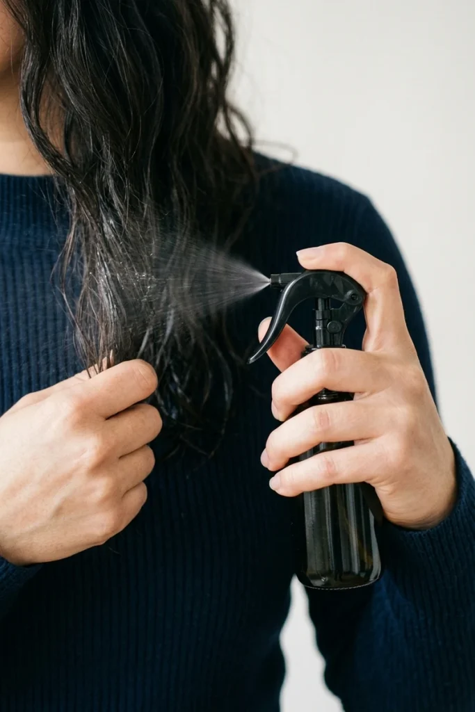 Pressing spray bottle trigger to apply lightweight leave-in to hair strand