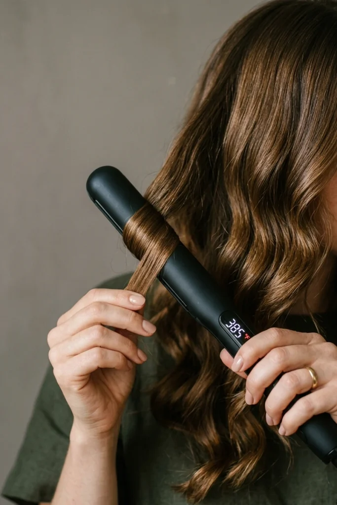 Styling hair with a flat iron showing a digital temperature display set for the hair type