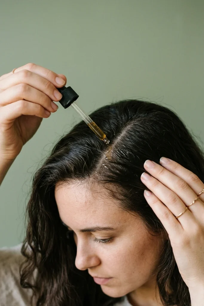 Applying scalp serum with a dropper directly to the parted roots for targeted treatment