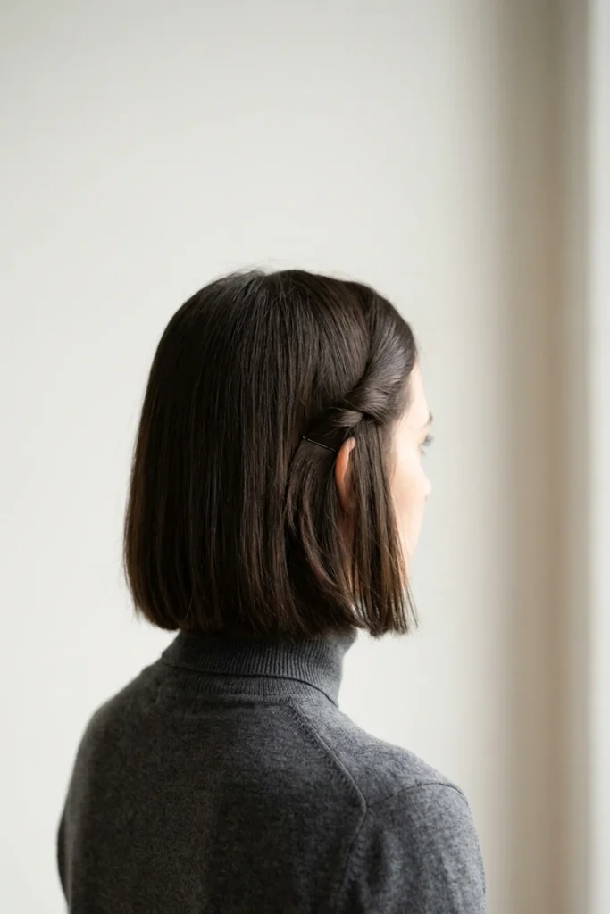 Small twisted section of bob-length hair pinned back behind the ear with a bobby pin, rest of hair left straight and down