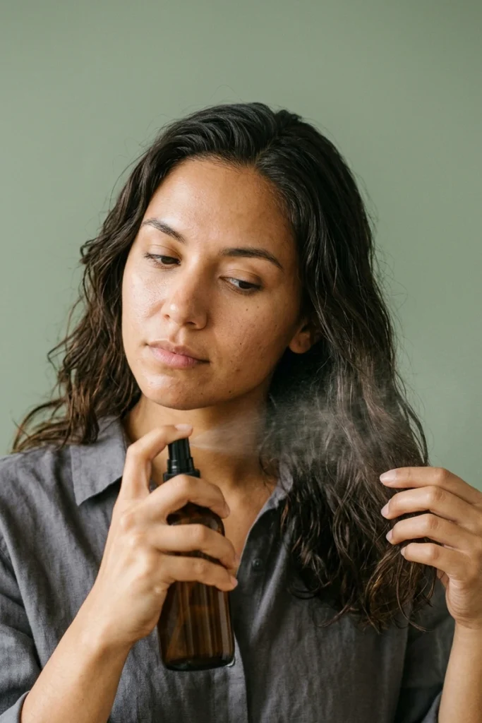 Applying heat protectant spray to hair before styling to shield the scalp and roots