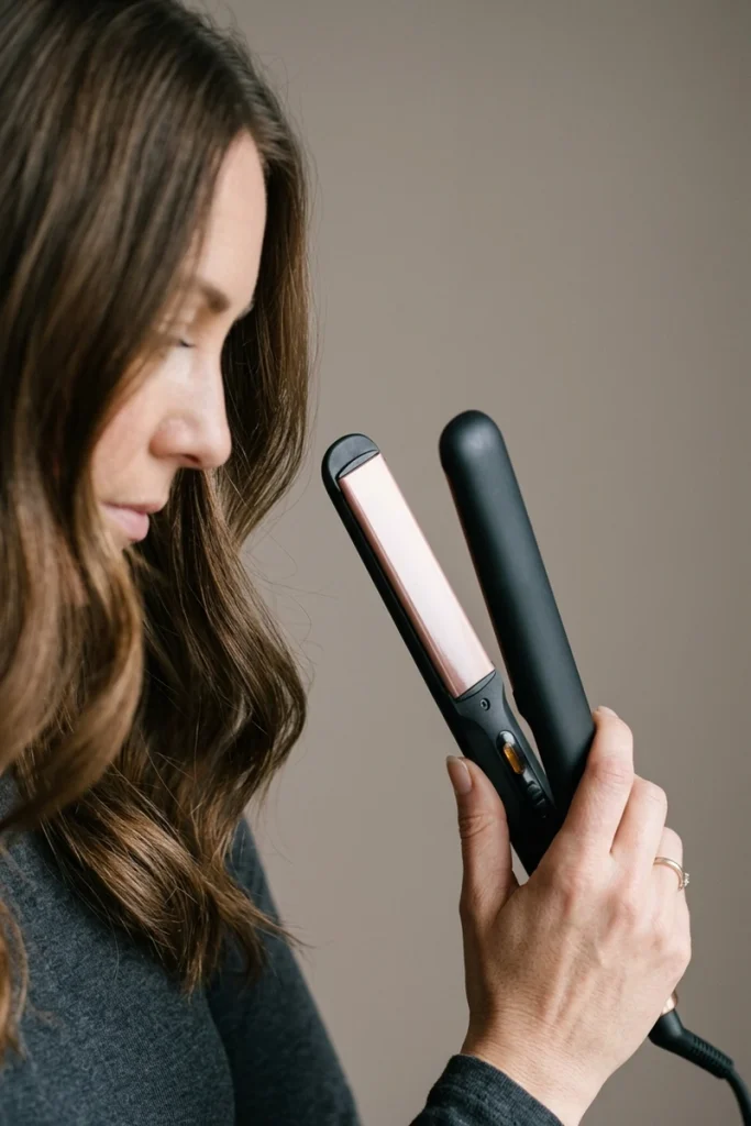 Open flat iron showing ceramic-coated plates for even heat distribution