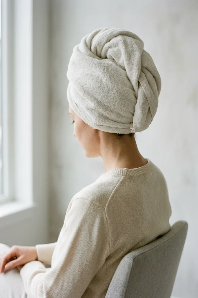 Warm towel wrap opening hair cuticle before product application