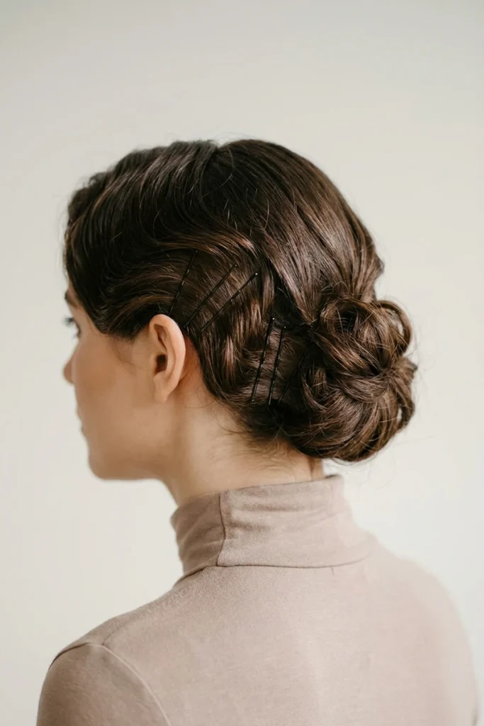 Vintage-style finger waves on bob-length hair pinned into a low updo with visible bobby pins