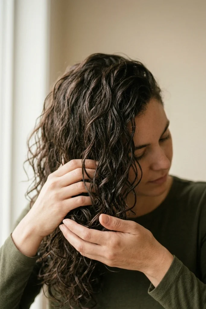 Scrunching curly hair by hand on a heat-free styling day