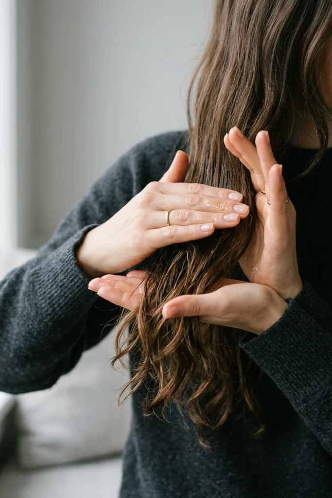 Sealing hair oil onto ends after leave-in for medium-porosity hair