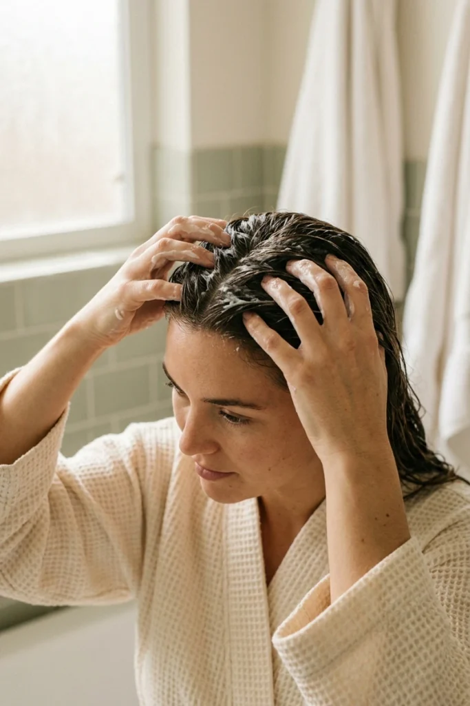 Massaging a deep-conditioning hair mask into the scalp and roots for a weekly treatment