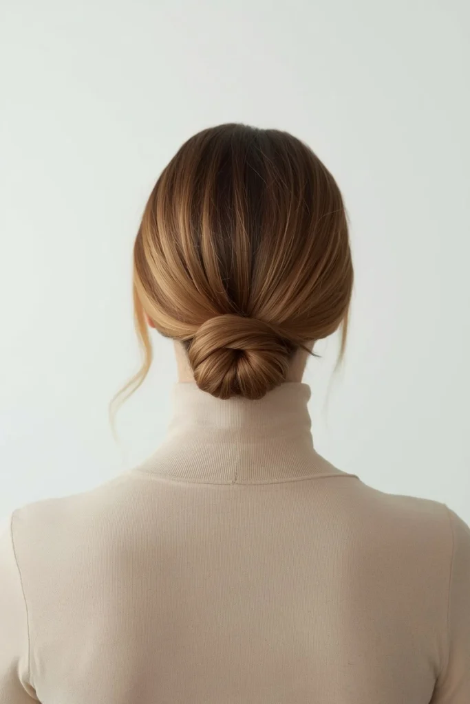 Single rope-like twist coiled into a smooth low knot at the nape on lob-length hair