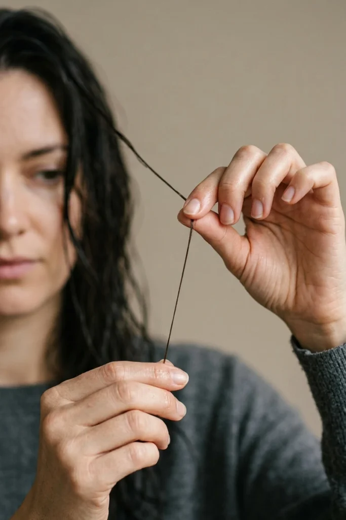 Stretch-testing a strand of wet hair to check for protein or moisture deficiency