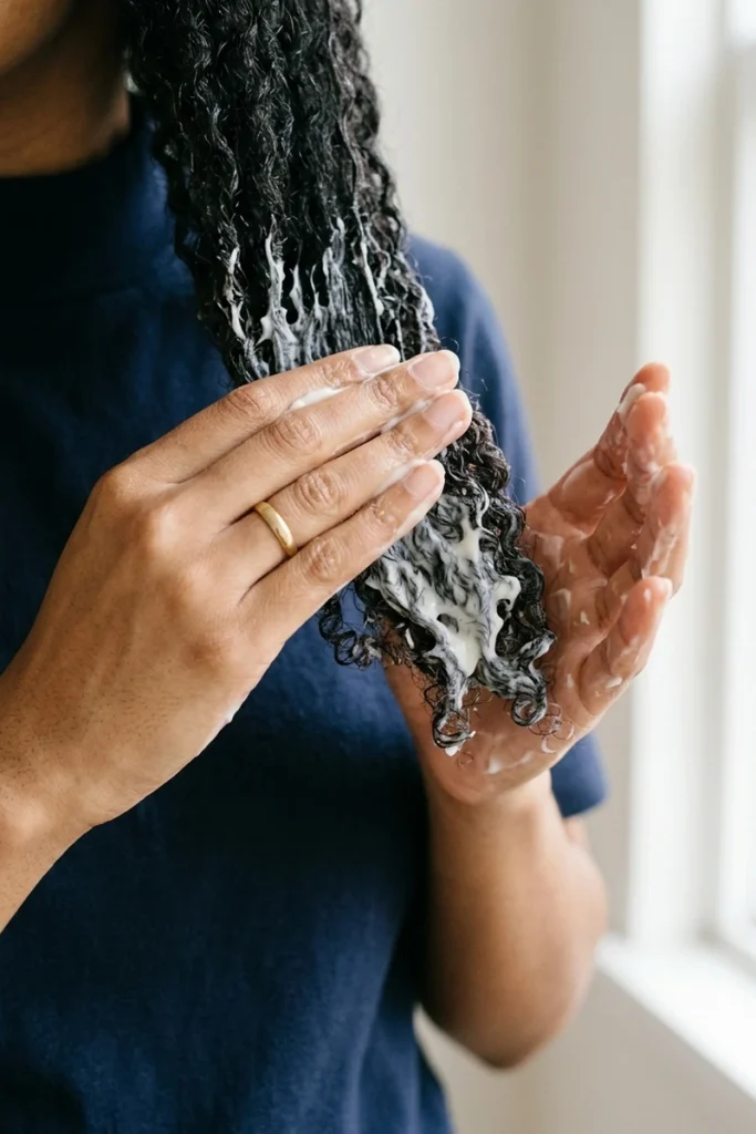 Applying rich sealing butter to ends for high-porosity hair