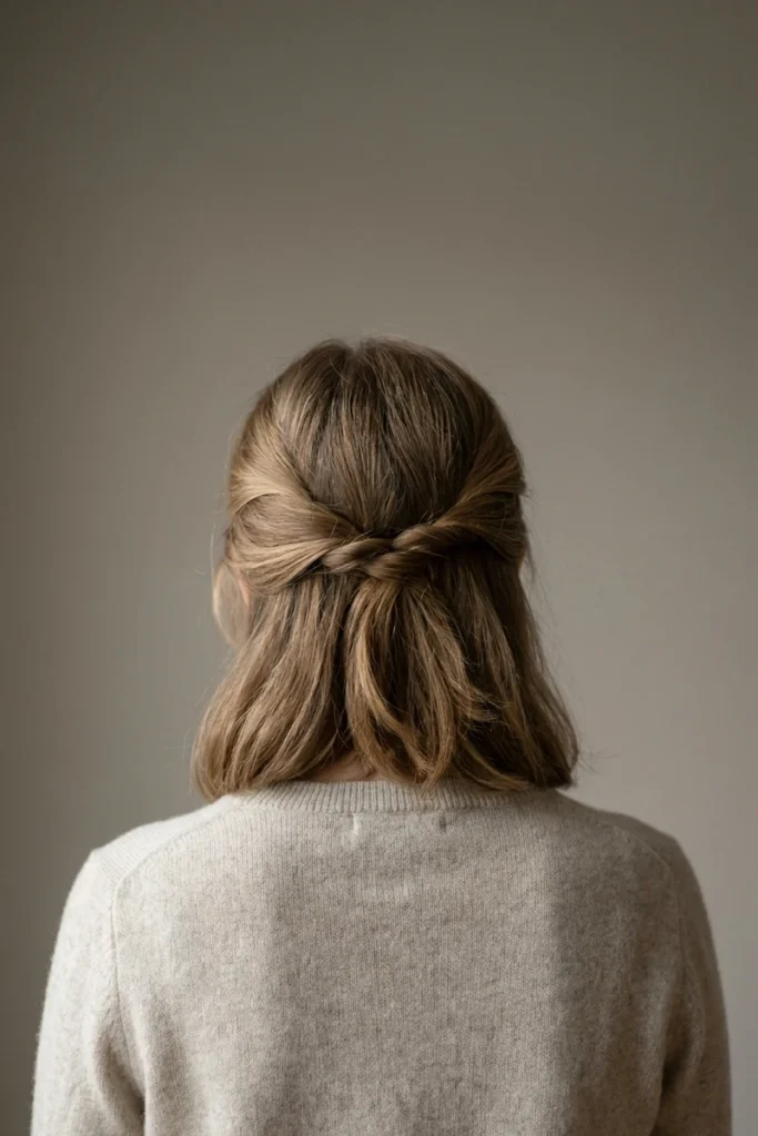 Half-up twisted crown style on lob-length hair, two twisted strands crossed at the back with loose waves left down