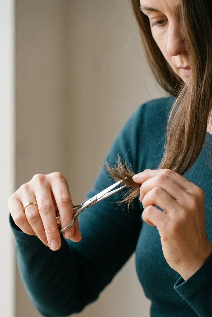 Trimming visible split ends with small scissors to prevent damage from traveling up the hair shaft