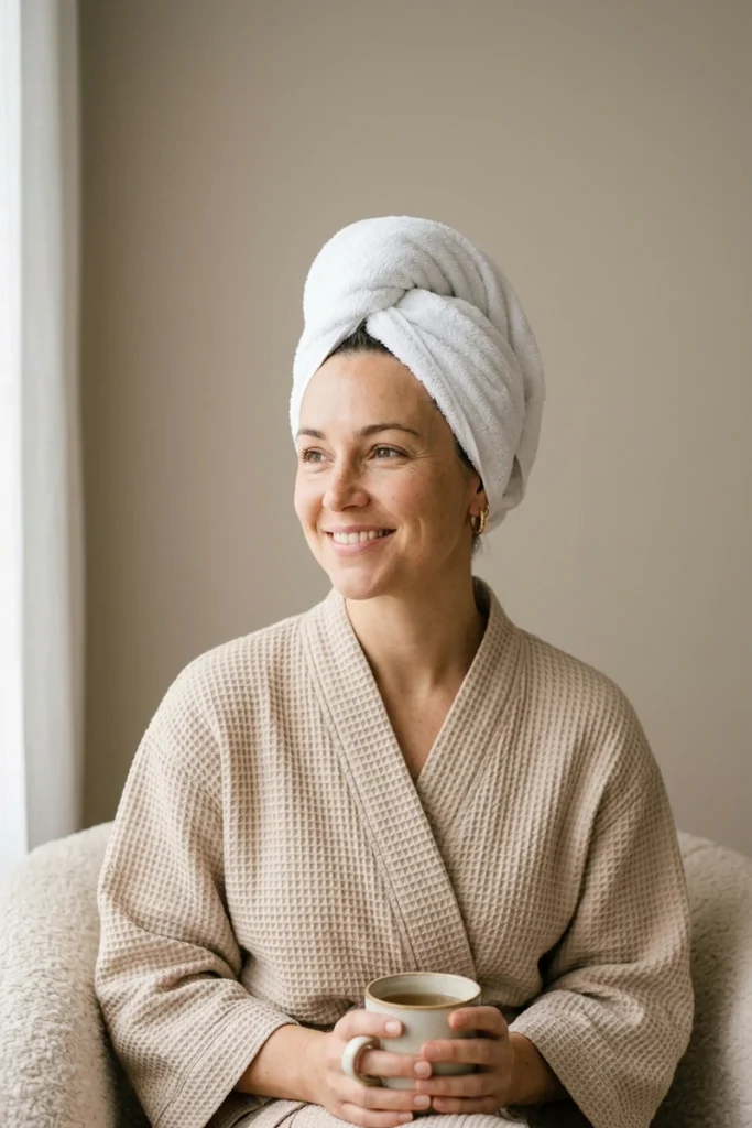 Relaxing with hair wrapped in a towel turban while a deep-conditioning treatment processes