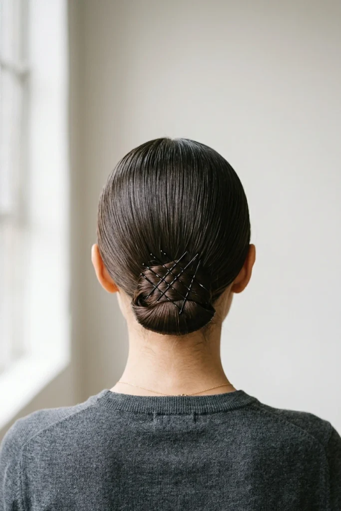 Flat low chignon on lob-length hair secured with a crisscross grid of bobby pins