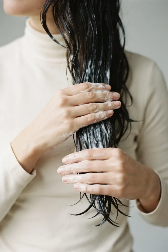 Applying protein treatment mask to high-porosity hair