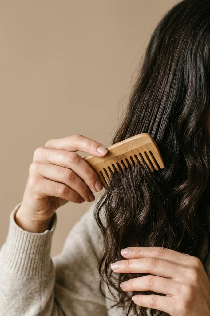 Gently detangling hair with a wide-tooth comb using proper technique to avoid breakage